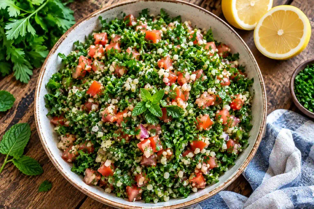 Salad Recipes: 12 Fresh Bowls Sorted by How Long They Keep 7 Finely chopped parsley and bulgur tabbouleh with tomato in a shallow bowl beside lemons