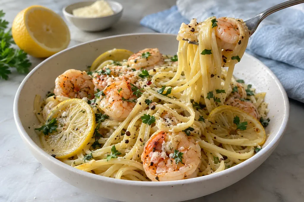 Pasta Recipes: 12 Best Dinners Timed From a Cold Pot 6 Linguine with seared pink shrimp, lemon slices and parsley on a white plate