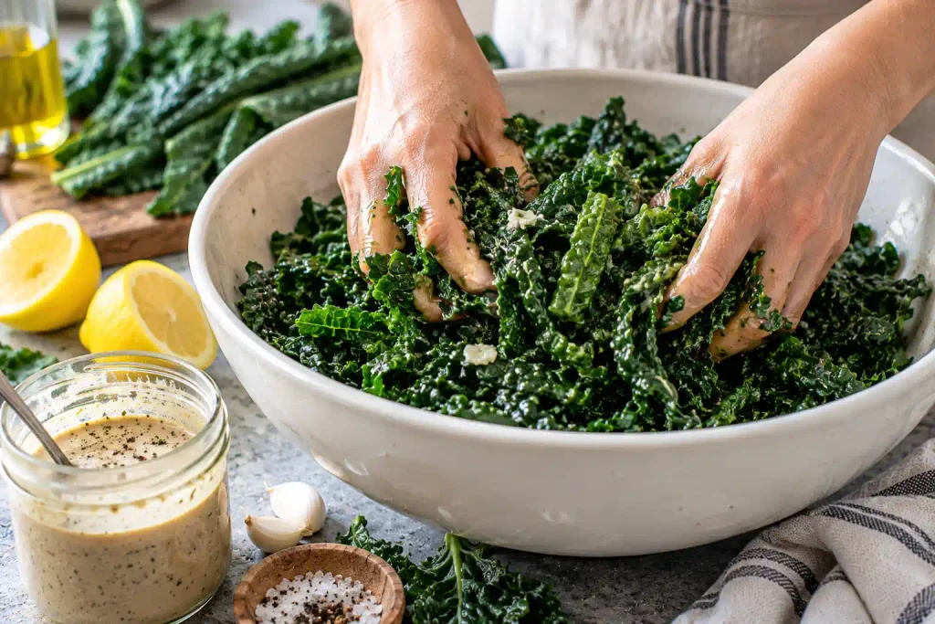Salad Recipes: 12 Fresh Bowls Sorted by How Long They Keep 13 Hands working lemon into dark green kale ribbons in a white bowl beside tahini dressing