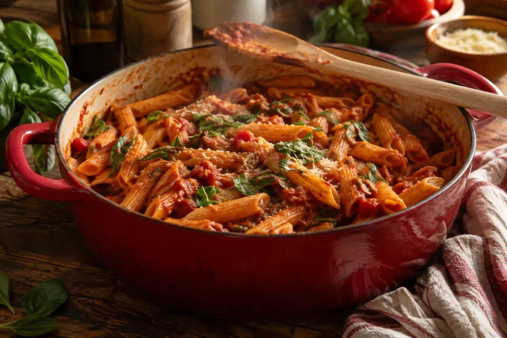 Pasta Recipes: 12 Best Dinners Timed From a Cold Pot 5 Red Dutch oven of penne in chunky tomato sauce with torn basil and a wooden spoon