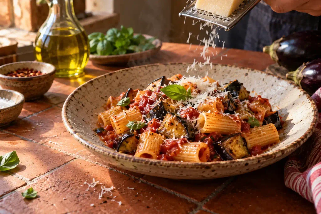 Pasta Recipes: 12 Best Dinners Timed From a Cold Pot 11 Rigatoni with roasted eggplant in tomato sauce and a basil leaf on a ceramic plate