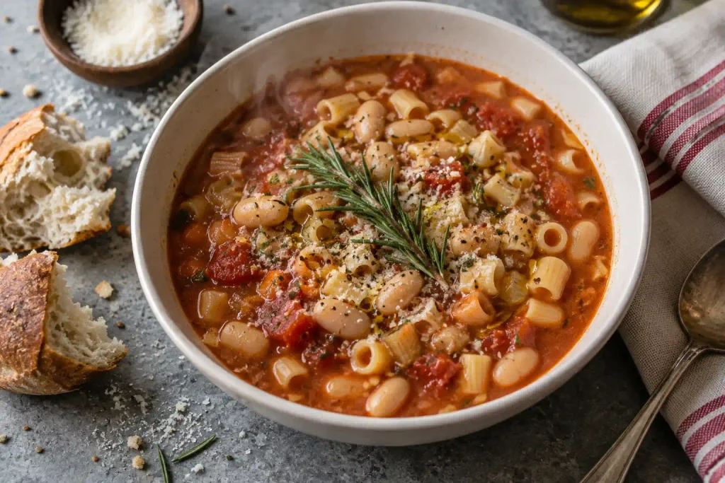 Pasta Recipes: 12 Best Dinners Timed From a Cold Pot 9 Bowl of pasta e fagioli with ditalini, cannellini beans and a rosemary sprig beside torn bread