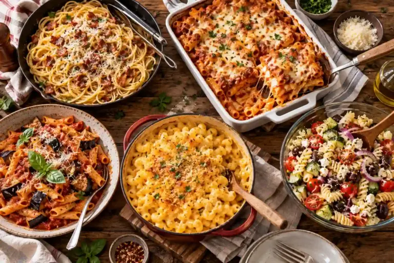 Overhead spread of pasta recipes on an oak table: skillet spaghetti, baked ziti, tomato penne and Greek pasta salad