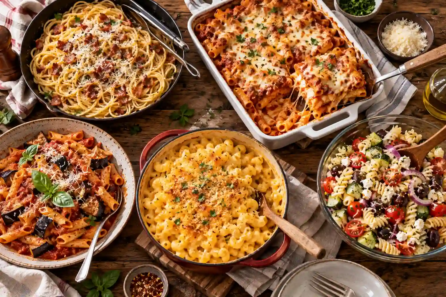 Pasta Recipes: 12 Best Dinners Timed From a Cold Pot 1 Overhead spread of pasta recipes on an oak table: skillet spaghetti, baked ziti, tomato penne and Greek pasta salad