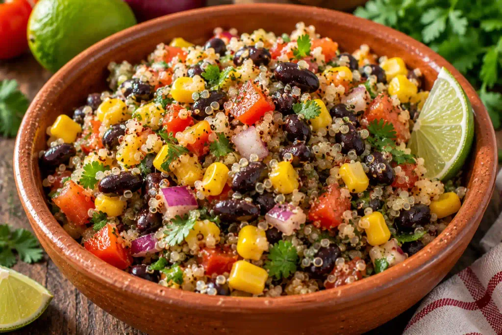 Salad Recipes: 12 Fresh Bowls Sorted by How Long They Keep 12 Terracotta bowl of quinoa with black beans and corn beside a lime wedge
