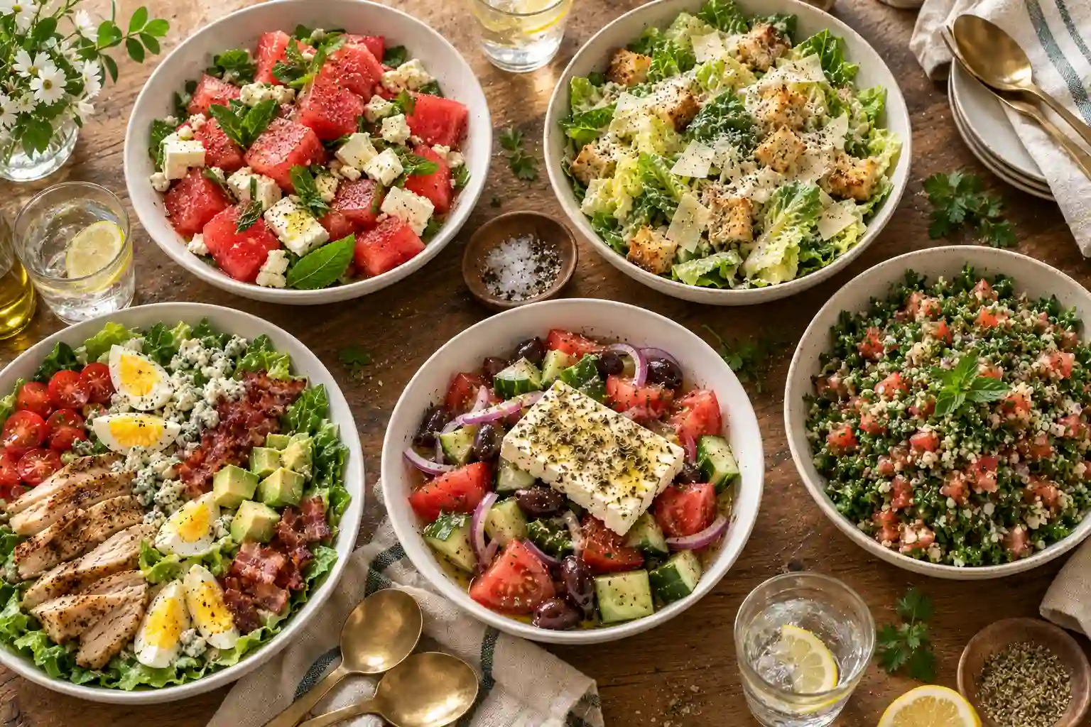Salad Recipes: 12 Fresh Bowls Sorted by How Long They Keep 1 Overhead view of five different salad recipes in white bowls on a long oak table