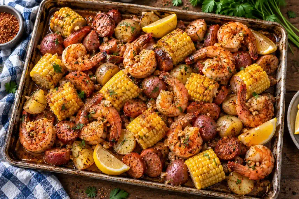 Shrimp Recipes: 12 Quick Dinners That Never Turn Rubbery 10 Sheet pan shrimp boil with potatoes, corn and sausage dusted in red seasoning