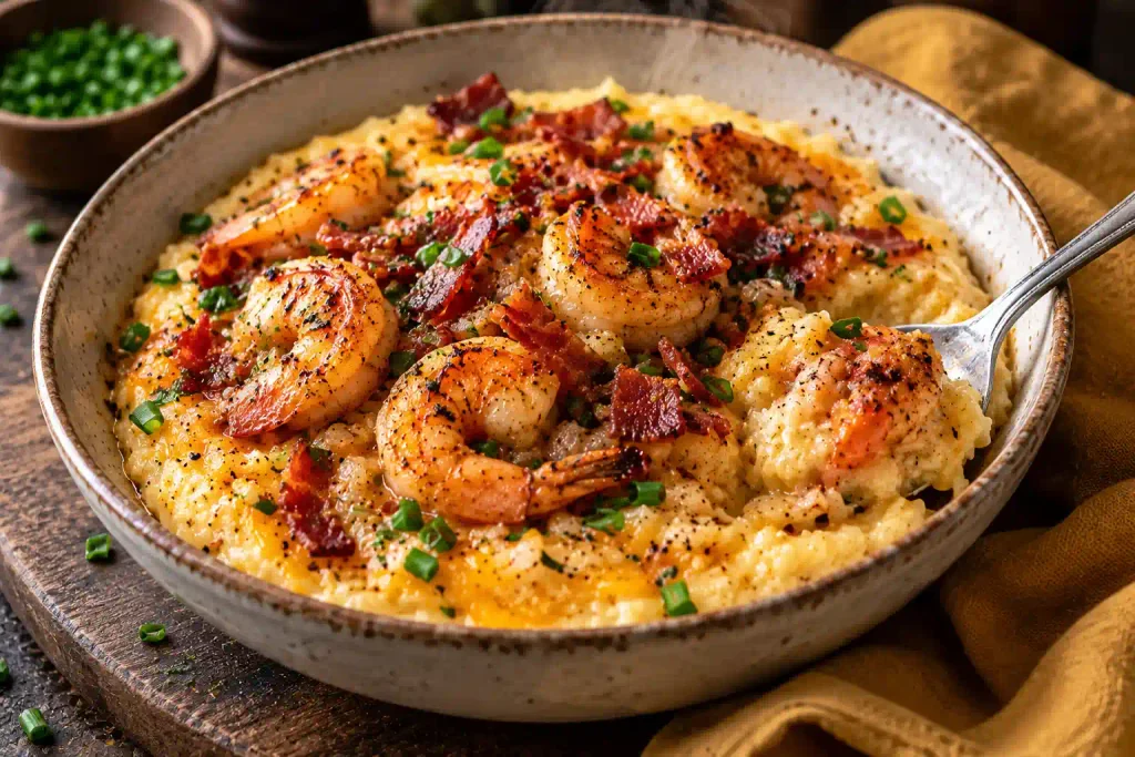 Shrimp Recipes: 12 Quick Dinners That Never Turn Rubbery 7 Bowl of cheddar grits topped with seared shrimp, turkey bacon and chives