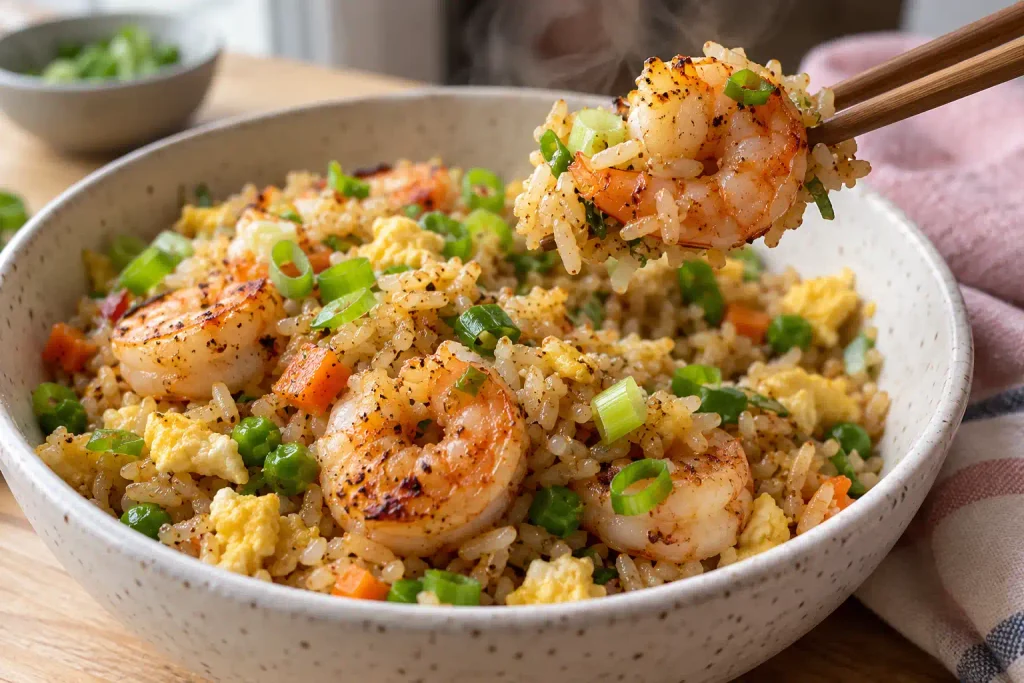 Shrimp Recipes: 12 Quick Dinners That Never Turn Rubbery 4 Close view of shrimp fried rice with peas and scallions being lifted by chopsticks