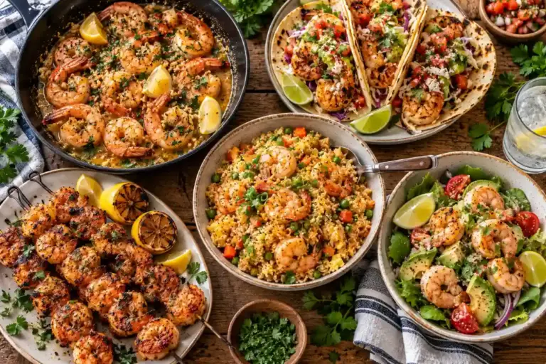 Overhead view of shrimp recipes on one table, including tacos, fried rice, skewers and salad