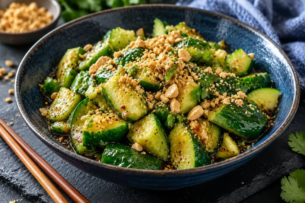Salad Recipes: 12 Fresh Bowls Sorted by How Long They Keep 6 Dark blue bowl of split cucumber pieces in sesame dressing with crushed peanuts
