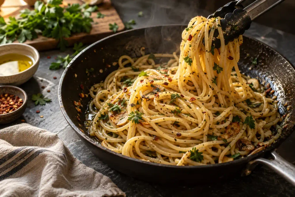 Pasta Recipes: 12 Best Dinners Timed From a Cold Pot 2 Tongs lifting garlic olive oil spaghetti from a black skillet, topped with chili flakes and parsley