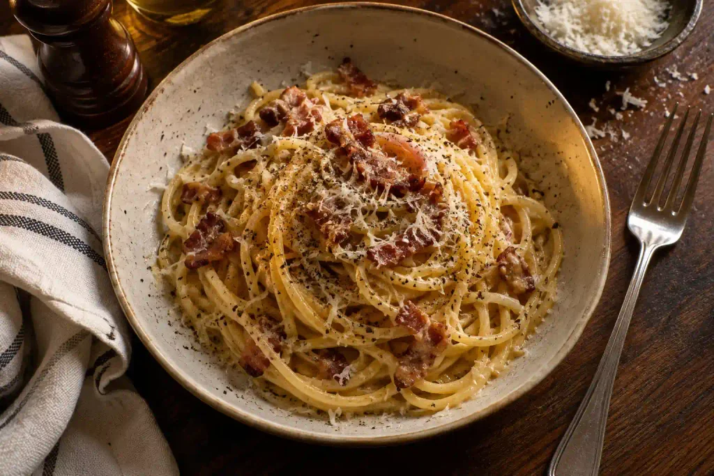Pasta Recipes: 12 Best Dinners Timed From a Cold Pot 7 Spaghetti carbonara in a shallow bowl with beef bacon pieces and coarse black pepper