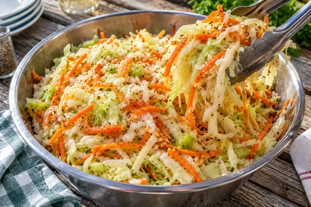 Salad Recipes: 12 Fresh Bowls Sorted by How Long They Keep 10 Tongs lifting glossy green cabbage and carrot slaw with celery seed from a steel bowl