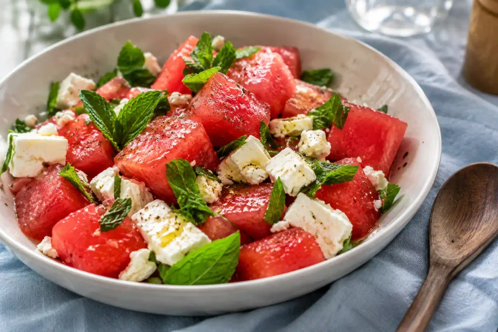 Salad Recipes: 12 Fresh Bowls Sorted by How Long They Keep 2 White bowl of watermelon cubes, crumbled feta and mint leaves on pale blue linen
